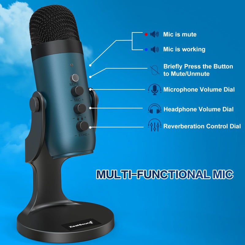 ZealSound USB Condenser Microphone,Computer PC Gaming Mic,Plug&Play Microphones for PS 4&5.Monitor Adjust&Volume Control,Mic Gain Control,Mute Button for TikTok,YouTube Podcast on Mac&Windows(Teal) - Image 5
