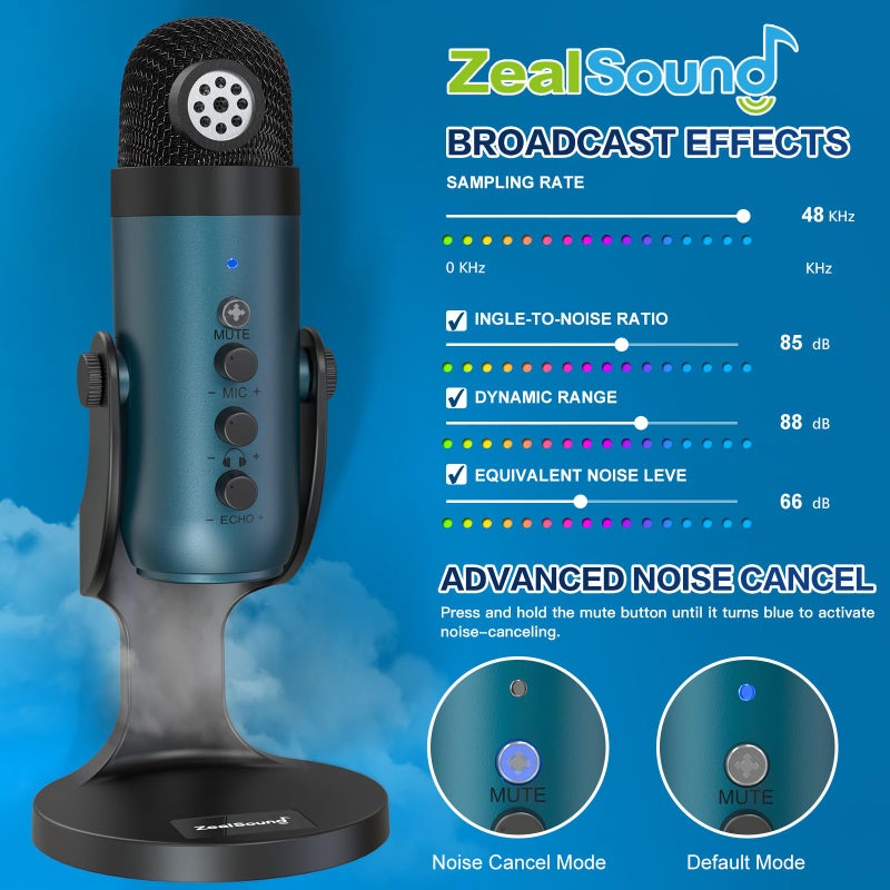 ZealSound USB Condenser Microphone,Computer PC Gaming Mic,Plug&Play Microphones for PS 4&5.Monitor Adjust&Volume Control,Mic Gain Control,Mute Button for TikTok,YouTube Podcast on Mac&Windows(Teal) - Image 3