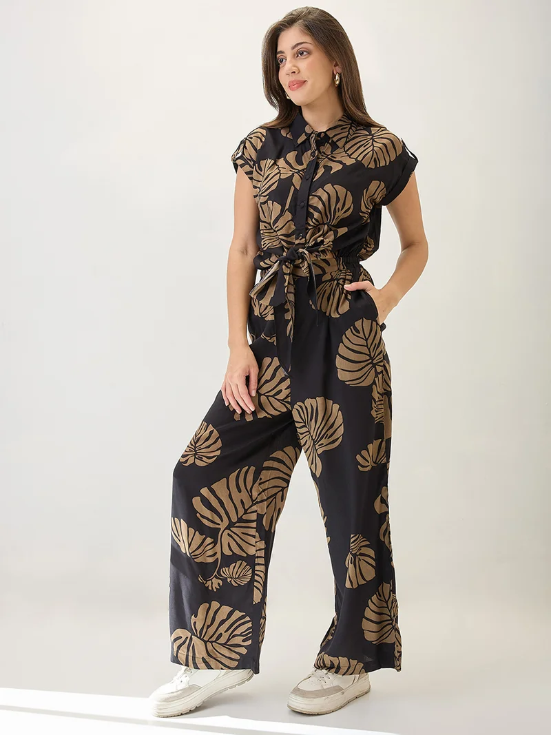globus Women Shirt Collar Extended Sleeves Tropical Print Cut Out Detail Waist Tie-Up Jumpsuit