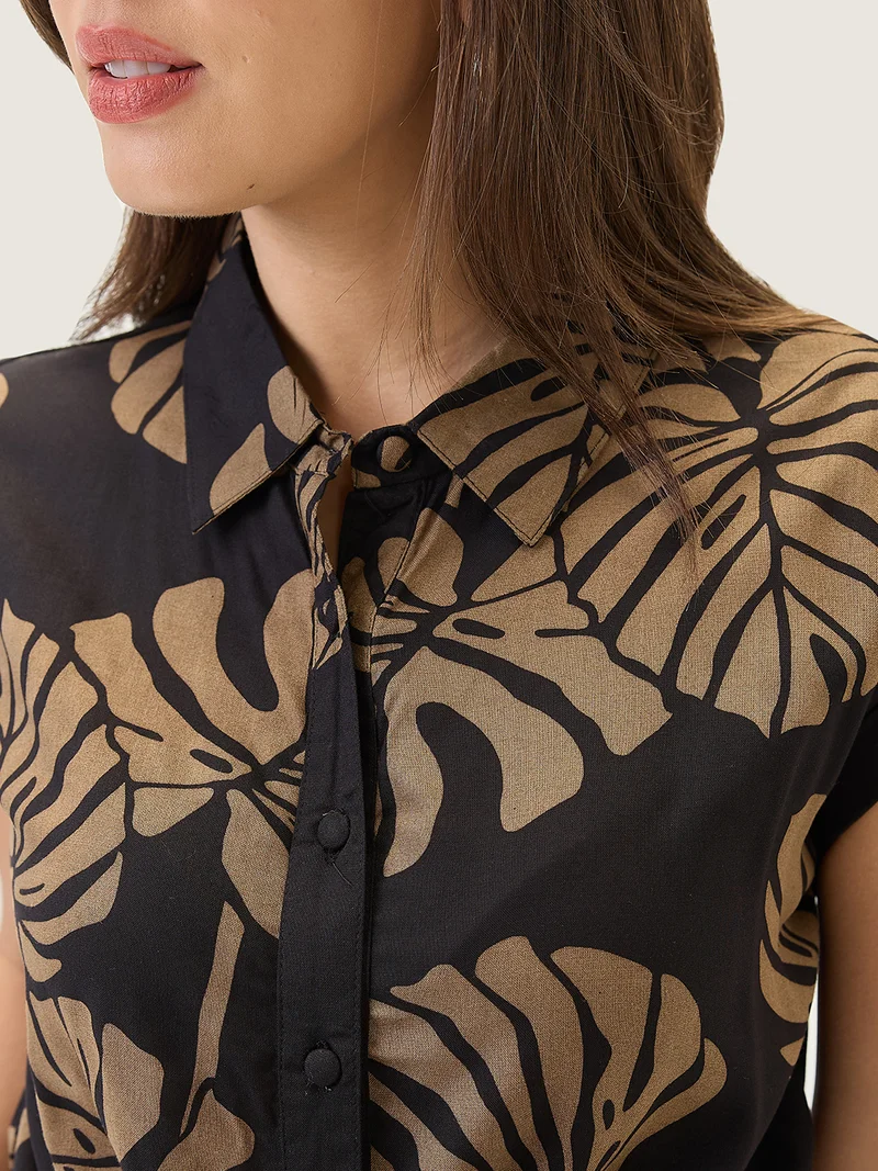 globus Women Shirt Collar Extended Sleeves Tropical Print Cut Out Detail Waist Tie-Up Jumpsuit
