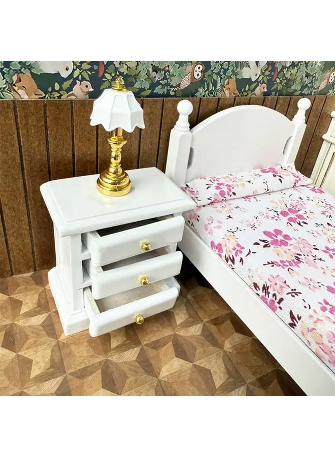 1 12 Scale Miniature Dollhouse Bed Set With White Wooden Bed Nightstands Letter Bed And Bedside Table Printed Bedding And 4 Drawer Dresser - Image 2