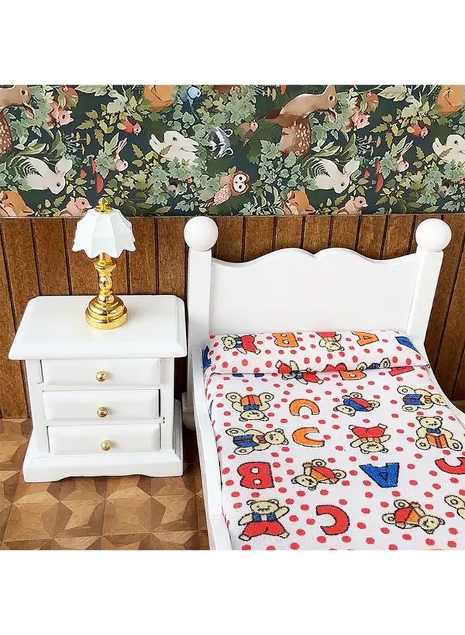 1 12 Scale Miniature Dollhouse Bed Set With White Wooden Bed Nightstands Letter Bed And Bedside Table Printed Bedding And 4 Drawer Dresser - Image 3
