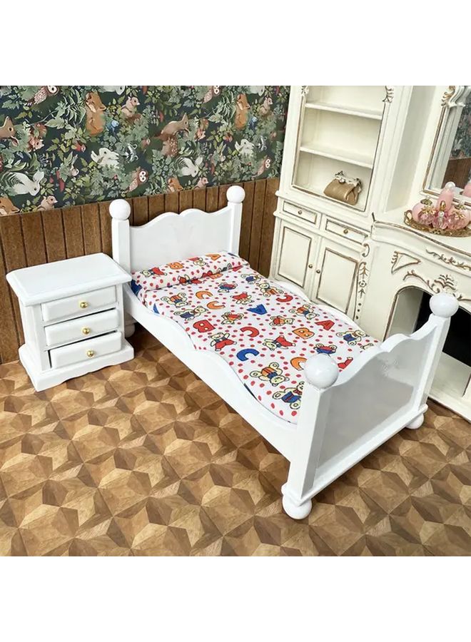 1 12 Scale Miniature Dollhouse Bed Set With White Wooden Bed Nightstands Letter Bed And Bedside Table Printed Bedding And 4 Drawer Dresser - Image 1