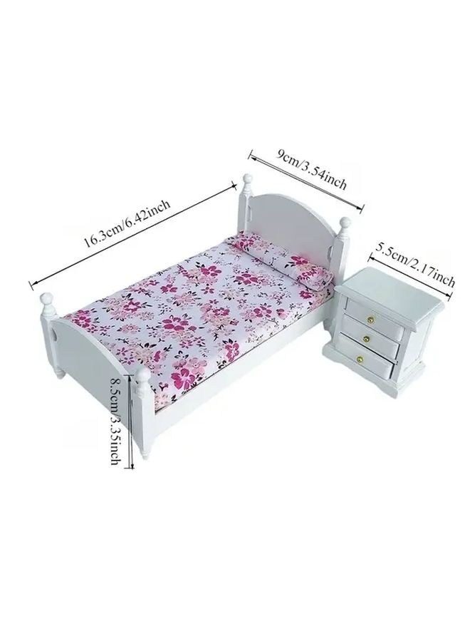 1 12 Scale Miniature Dollhouse Bed Set With White Wooden Bed Nightstands Letter Bed And Bedside Table Printed Bedding And 4 Drawer Dresser - Image 5