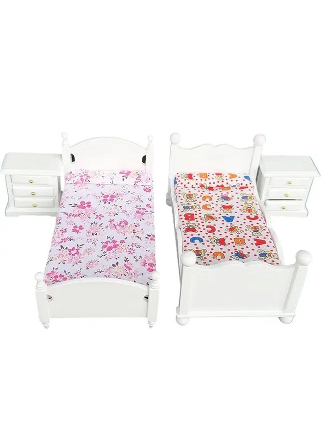 1 12 Scale Miniature Dollhouse Bed Set With White Wooden Bed Nightstands Letter Bed And Bedside Table Printed Bedding And 4 Drawer Dresser - Image 4