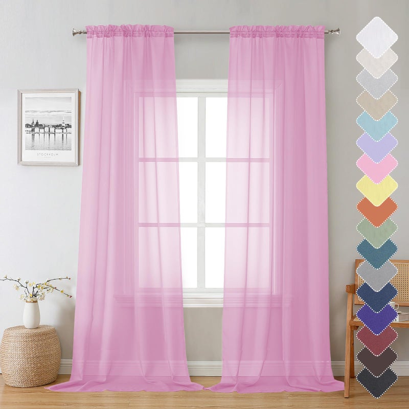 Lecloud Light Pink Sheer Curtains 54 Inch Length 2 Panels  Voile Airy Drapes for Bedroom Windows  Light Filtering Elegant Tulle Curtains Dual Rod Pocket  Each Panel 42 X 54 Inch - Image 1