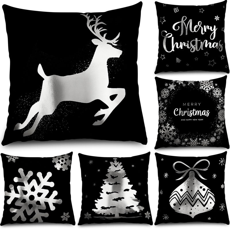 Tatuo 6 Pcs Christmas Pillow Covers Cushion Covers Decoration 18 x 18 in Christmas Pillow Cover Winter Holiday Decor Throw Pillow Case for Sofa Couch Xmas Office Bedroom Decorations(Black  Silver) - Image 1