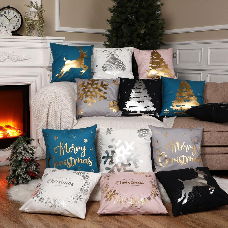 Tatuo 6 Pcs Christmas Pillow Covers Cushion Covers Decoration 18 x 18 in Christmas Pillow Cover Winter Holiday Decor Throw Pillow Case for Sofa Couch Xmas Office Bedroom Decorations(Black  Silver) - Image 5
