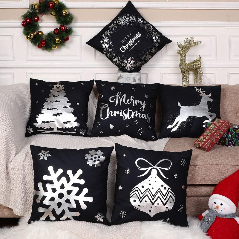 Tatuo 6 Pcs Christmas Pillow Covers Cushion Covers Decoration 18 x 18 in Christmas Pillow Cover Winter Holiday Decor Throw Pillow Case for Sofa Couch Xmas Office Bedroom Decorations(Black  Silver) - Image 3