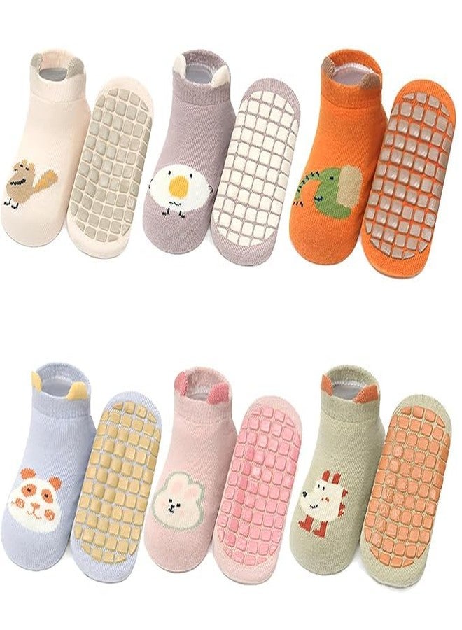 REZOVA 6 Pairs Baby Anti-Slip Socks Set for Boys & Girls, Cute Cotton Cartoon Animal Thermal Socks for Kids 12-36 Months, Sweat-Absorbent, Non-Skid, Comfortable Baby Socks for Foot Length 12cm - Image 1