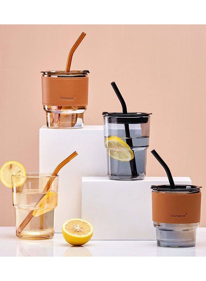 Glass Tumbler with Straw and Lid, Glass Cup with Leather Protective Sleeve, Reusable Cup for Straw and Direct Drinking Mouth Dual Use - Image 1