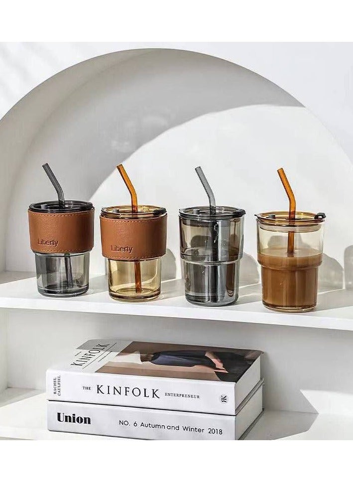 Glass Tumbler with Straw and Lid, Glass Cup with Leather Protective Sleeve, Reusable Cup for Straw and Direct Drinking Mouth Dual Use - Image 2