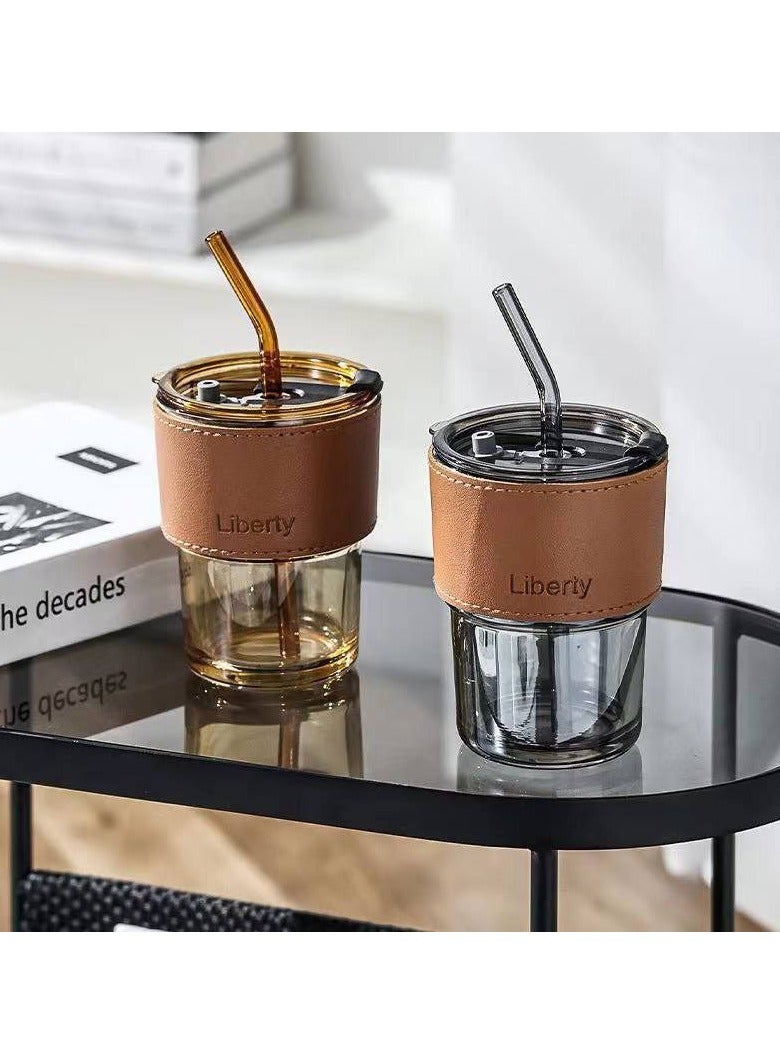 Glass Tumbler with Straw and Lid, Glass Cup with Leather Protective Sleeve, Reusable Cup for Straw and Direct Drinking Mouth Dual Use - Image 3