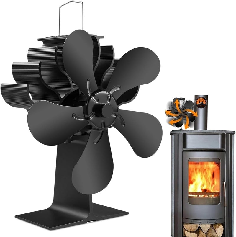 Heat Powered Fireplace Fans, Non Electric Heat Activated Thermal Fan 5 Blades Wood Stove Fan for Wood Burning/Pellet Stove/Log Burner with Magnetic Thermometer