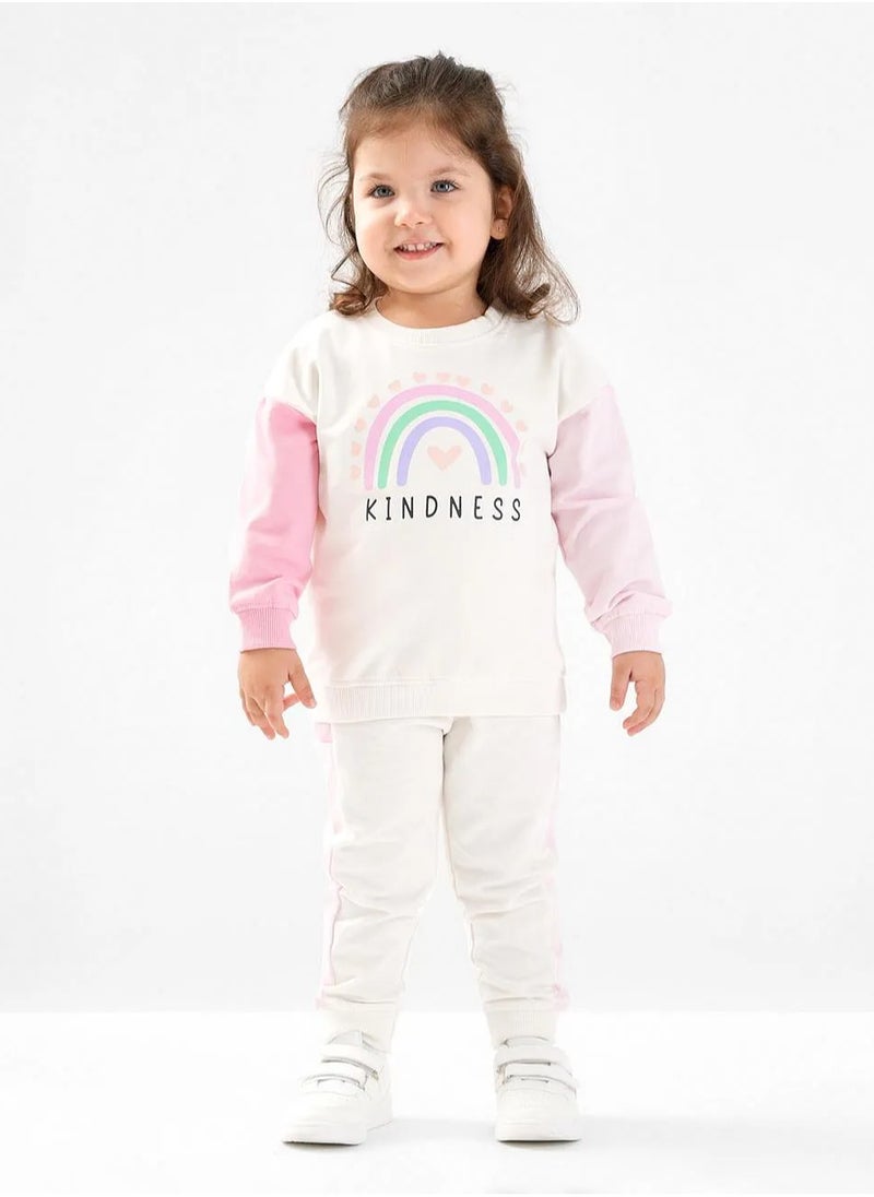 Bonfino - Bonfino 100% Cotton French Terry Full Length Drop Shoulder Color Block Winter Wear Co-ord Set with Rainbow Print - White(9-24M) - Image 1
