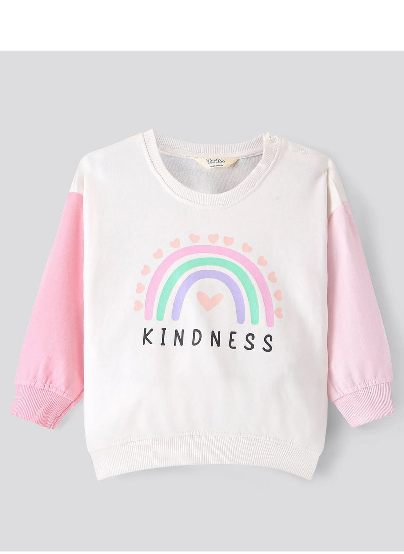 Bonfino - Bonfino 100% Cotton French Terry Full Length Drop Shoulder Color Block Winter Wear Co-ord Set with Rainbow Print - White(9-24M) - Image 1