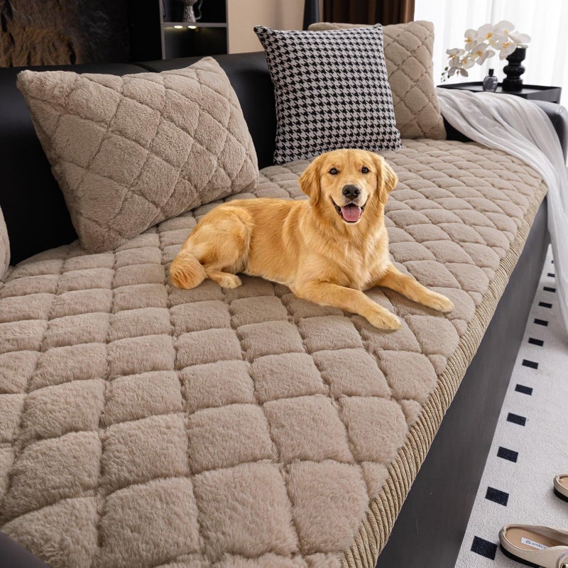 XSlive Faux Fur Couch Cover for Dogs Washable Soft Fuzzy Thick Pet Couch Covers for 3 Cushion Sofa Pet Friendly Anti Slip Plaid Sofa Cover Dog Mat Camel28x59 - Image 2
