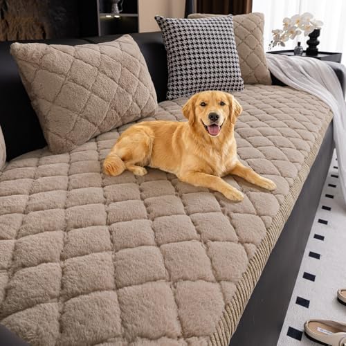 XSlive Faux Fur Couch Cover for Dogs Washable Soft Fuzzy Thick Pet Couch Covers for 3 Cushion Sofa Pet Friendly Anti Slip Plaid Sofa Cover Dog Mat Camel28x59 - Image 1