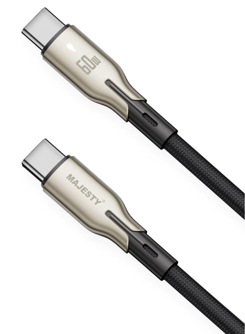 Majesty USB-C to USB-C Cable Nylon Braided 60W (20V/3A) - Zinc Alloy Fast Charging for iPhone 15, MacBook Pro/Air, Galaxy S24 Ultra, Huawei - 1M - Image 1