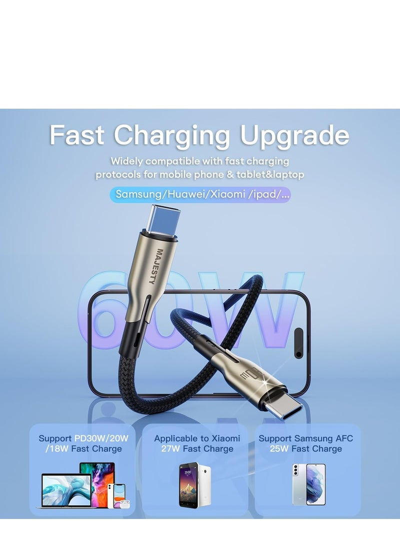 Majesty USB-C to USB-C Cable Nylon Braided 60W (20V/3A) - Zinc Alloy Fast Charging for iPhone 15, MacBook Pro/Air, Galaxy S24 Ultra, Huawei - 1M - Image 2