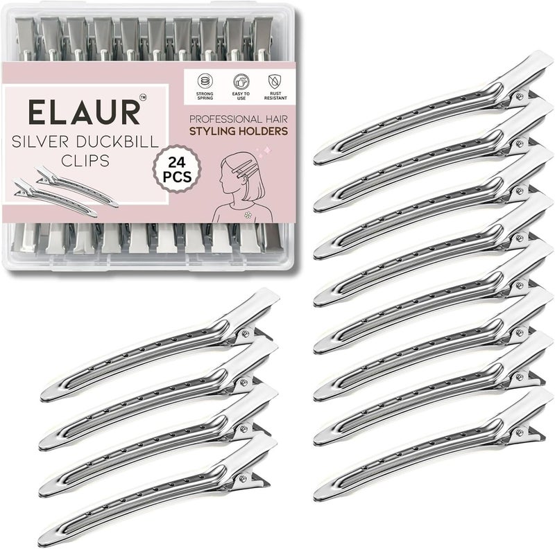 ELAUR 24 Pack Duck Bill Hair Clips - 3.5" Rustproof Metal Alligator Clips with Holes for Hairstyles and Hair Sections - Salon & Home Use (Silver) - Image 1