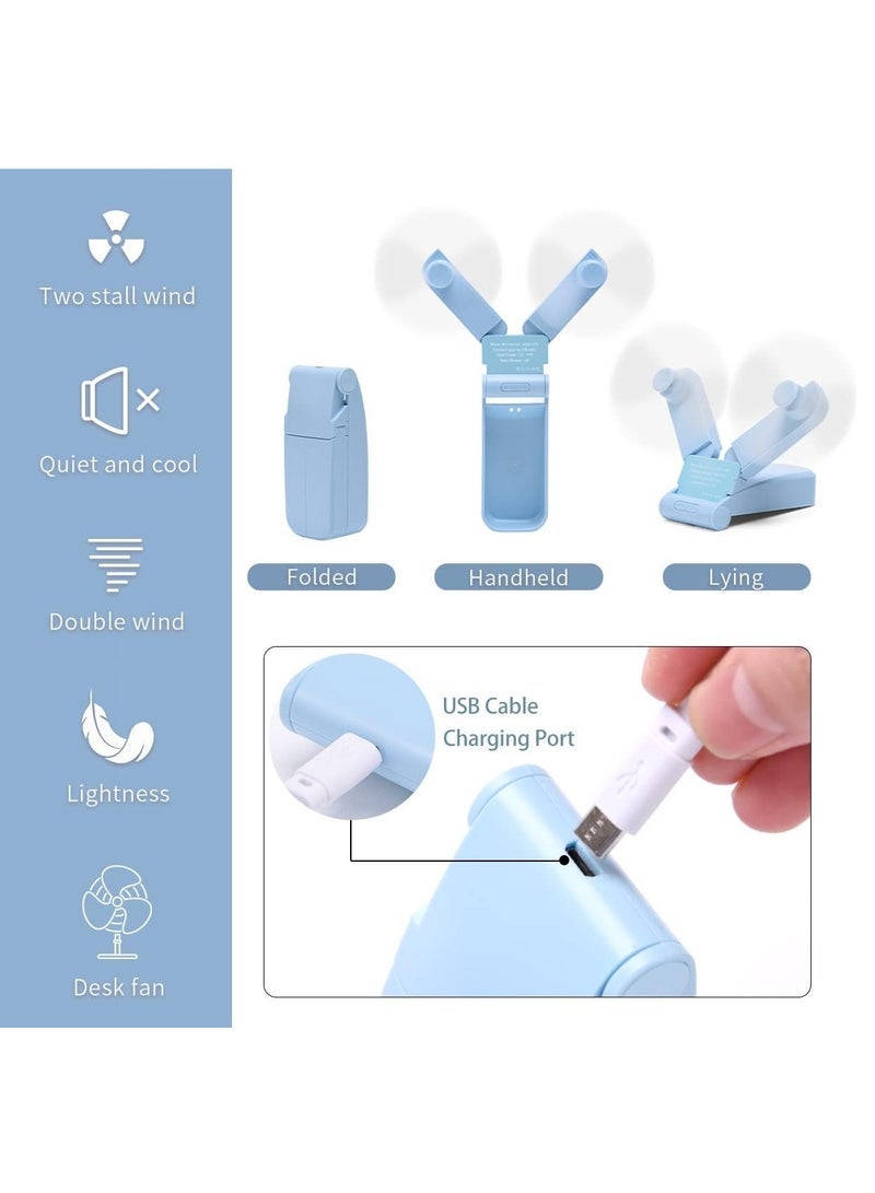 إسكدنيا مروحة محمولة باليد، مروحة كيس شخصية صغيرة قابلة للشحن عبر USB، مراوح يدوية للنساء والفتيات للاستخدام في الخارج والسفر، رأسان مزدوجان بسرعتين وتيار هواء قوي (أزرق) - Image 2