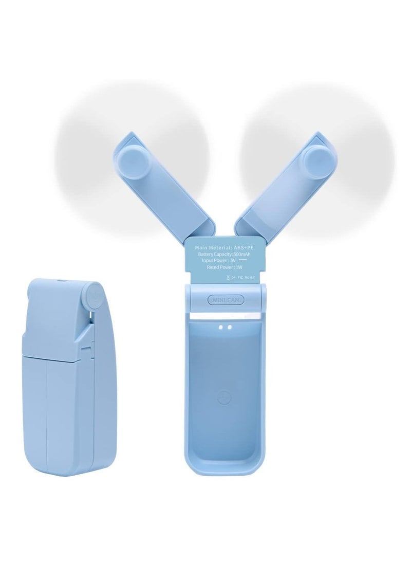 إسكدنيا مروحة محمولة باليد، مروحة كيس شخصية صغيرة قابلة للشحن عبر USB، مراوح يدوية للنساء والفتيات للاستخدام في الخارج والسفر، رأسان مزدوجان بسرعتين وتيار هواء قوي (أزرق) - Image 1