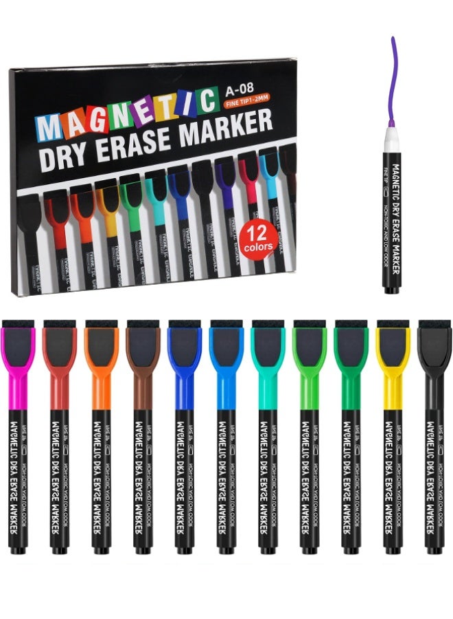 " أقلام سبورة بيضاء مغناطيسية، 12 قلم سبورة قابل للمسح ملون رفيع الخط مع ممحاة للأطفال والاستخدام المكتبي، أقلام رفيعة الرائحة المنخفضة للواح تقويم الثلاجة - اقلام سبورة ملونة قابله للمسح" - Image 1