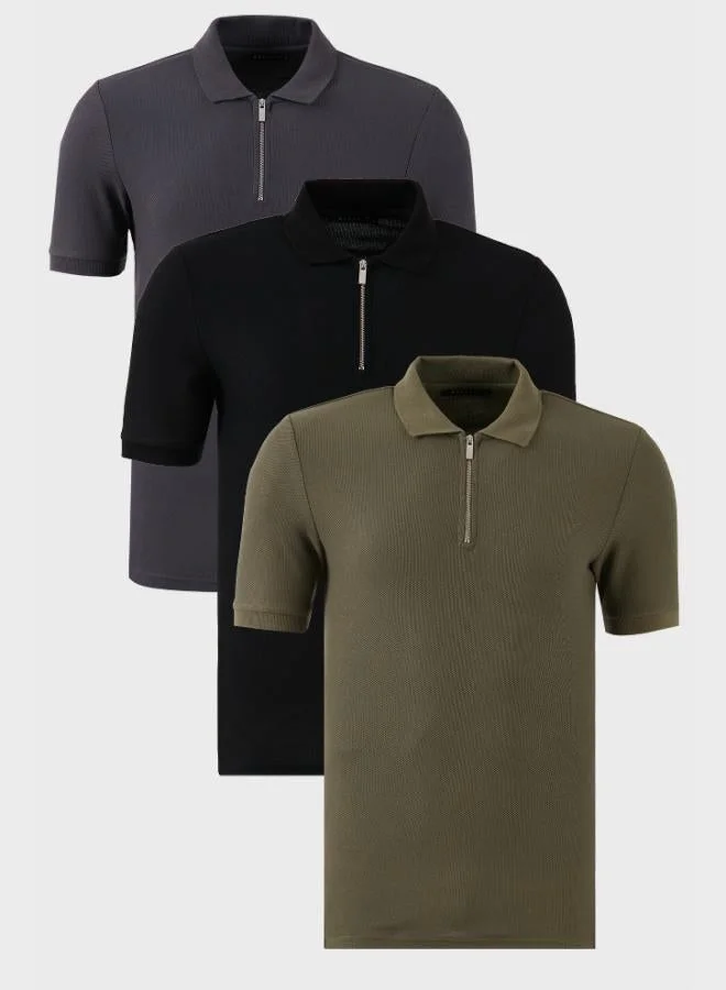 بوراتي تيشيرت بولو رجالي قطن بياقة بولو بسحاب نصفي عبوة من  قطع