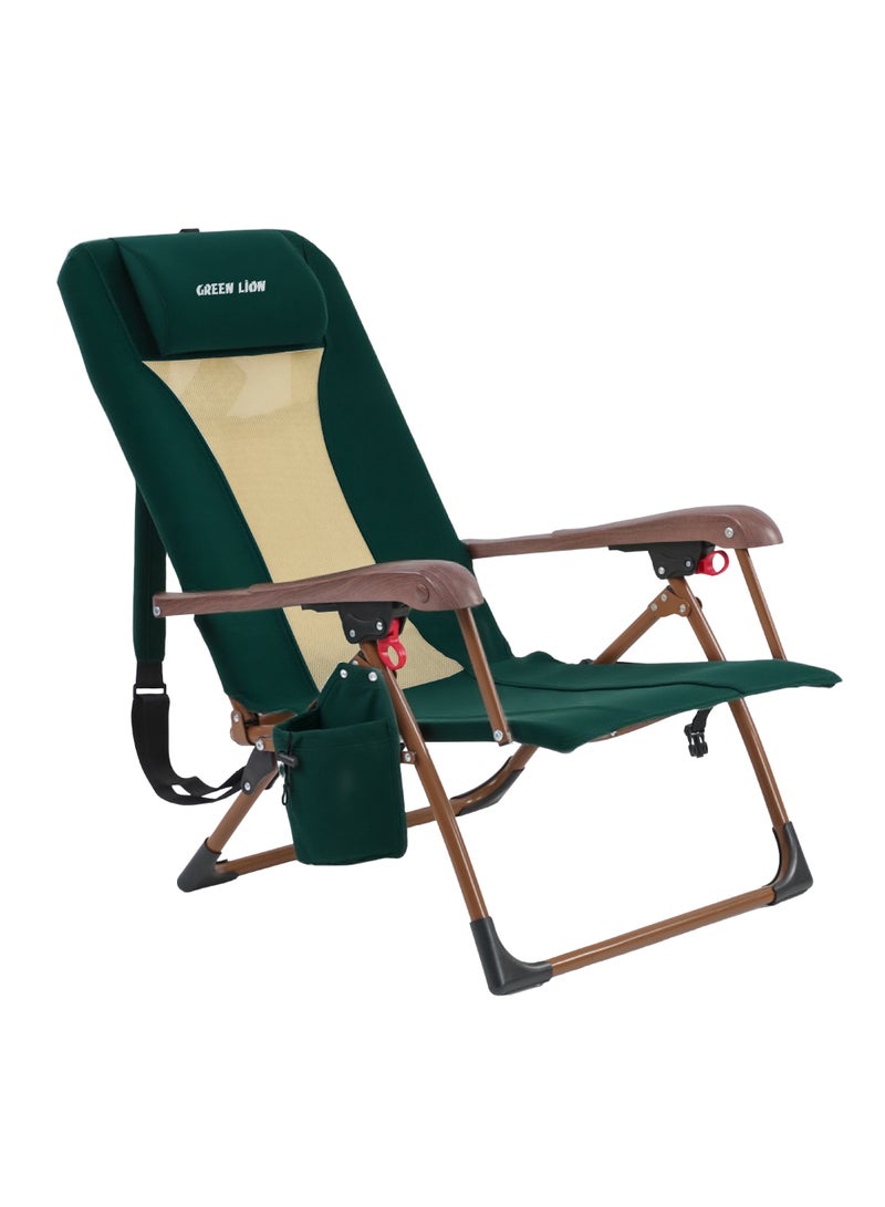 جرين ليون كرسي تخييم قابل للتعديل، مساند ذراع قوية ومسند رأس مدمج، قدرة تحمل 100 كجم، حاملة مشروبات معزولة، إطار فولاذي معزز، استرخاء قابل للتعديل بزاوية 130°، تصميم قابل للطوي بسرعة - Image 1