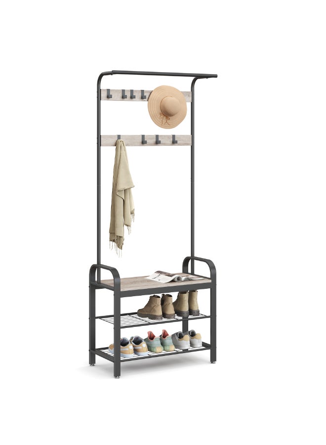 VASAGLE حامل المعاطف VASAGLE، حامل معاطف مع مقعد لتخزين الأحذية، تصميم 4 في 1، مع 9 خطافات قابلة للإزالة، سكة ملابس، للمدخل، المدخل، 34 x 72 x 183 سم، صناعي، رمادي وأسود - Image 1