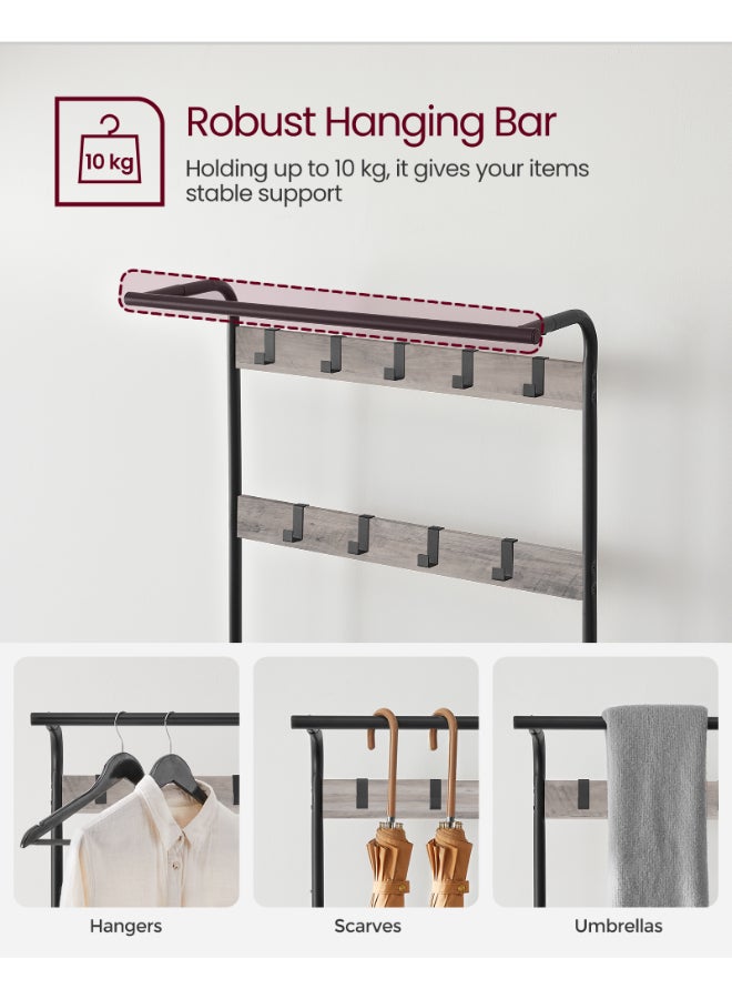 VASAGLE حامل المعاطف VASAGLE، حامل معاطف مع مقعد لتخزين الأحذية، تصميم 4 في 1، مع 9 خطافات قابلة للإزالة، سكة ملابس، للمدخل، المدخل، 34 x 72 x 183 سم، صناعي، رمادي وأسود - Image 4