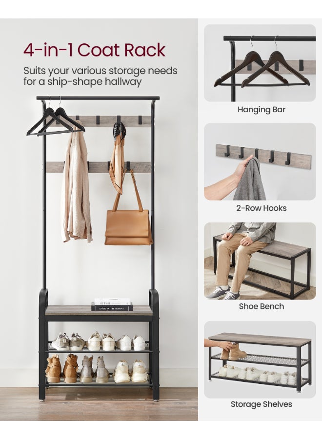 VASAGLE حامل المعاطف VASAGLE، حامل معاطف مع مقعد لتخزين الأحذية، تصميم 4 في 1، مع 9 خطافات قابلة للإزالة، سكة ملابس، للمدخل، المدخل، 34 x 72 x 183 سم، صناعي، رمادي وأسود - Image 3