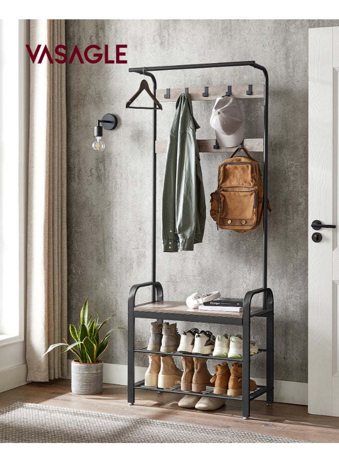 VASAGLE حامل المعاطف VASAGLE، حامل معاطف مع مقعد لتخزين الأحذية، تصميم 4 في 1، مع 9 خطافات قابلة للإزالة، سكة ملابس، للمدخل، المدخل، 34 x 72 x 183 سم، صناعي، رمادي وأسود - Image 2