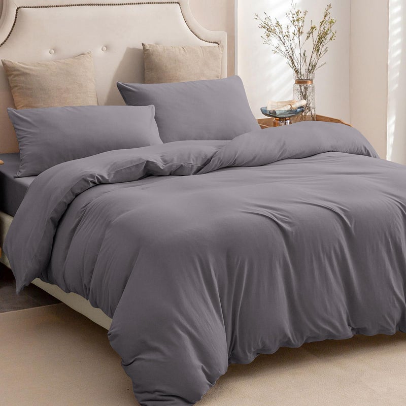 PURE ERA PURE ERA Jersey Knit Duvet Cover Set 100% T-Shirt Cotton Super Soft Comfy 3pc Bedding Set with Zipper Closure (Solid Grey Purple  King  104'' x 90'') - Image 1