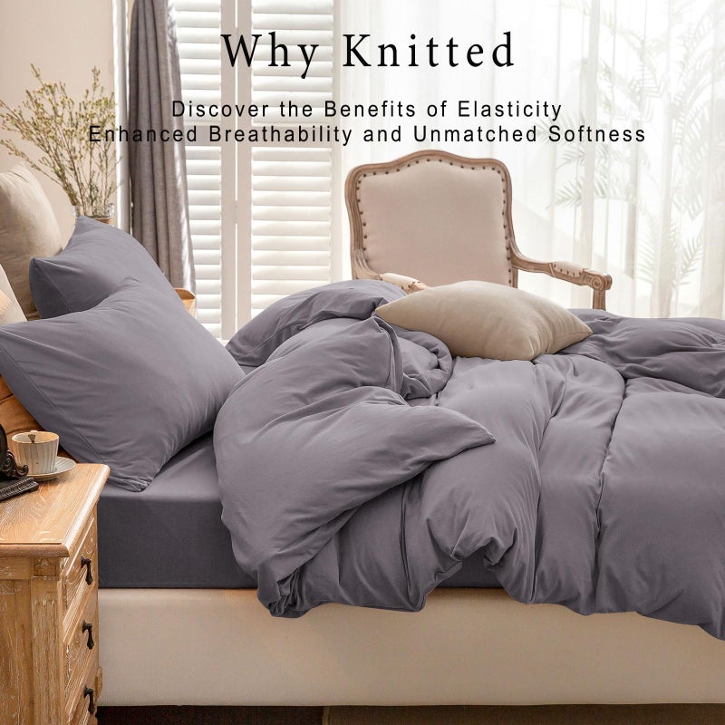 PURE ERA PURE ERA Jersey Knit Duvet Cover Set 100% T-Shirt Cotton Super Soft Comfy 3pc Bedding Set with Zipper Closure (Solid Grey Purple  King  104'' x 90'') - Image 3