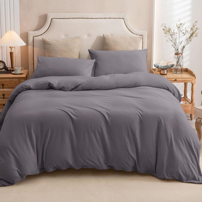 PURE ERA PURE ERA Jersey Knit Duvet Cover Set 100% T-Shirt Cotton Super Soft Comfy 3pc Bedding Set with Zipper Closure (Solid Grey Purple  King  104'' x 90'') - Image 2