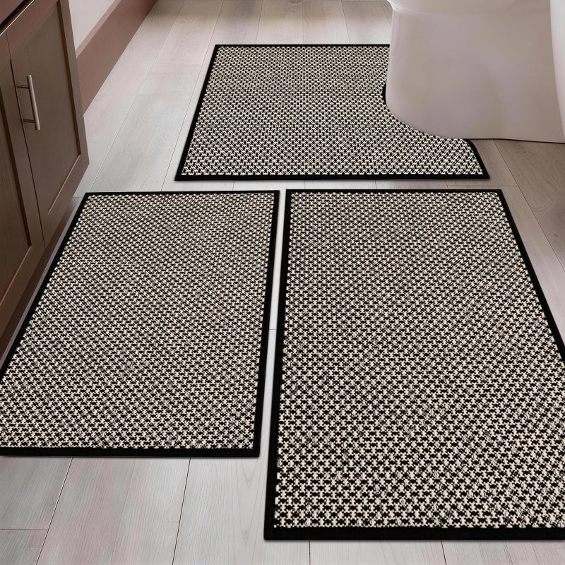 YIHOUSE Thin Bath Mat Black Bathroom Rugs Sets 3 Pieces, Non Slip Absorbent Bath Mats Quick Dry, Woven Braided Rugs Washable, Rubber Tapetes para BaÃ±o for Bathroom Toliet,Bathtub - Image 1