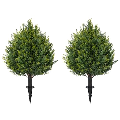 JoyPower 21'' Artificial Cedar Topiary Ball Trees with Ground Spike, 2 Pack Artificial Shrubs, UV Resistant Fake Plant Brush for Indoor Outdoor Front Porch Garden - Image 1