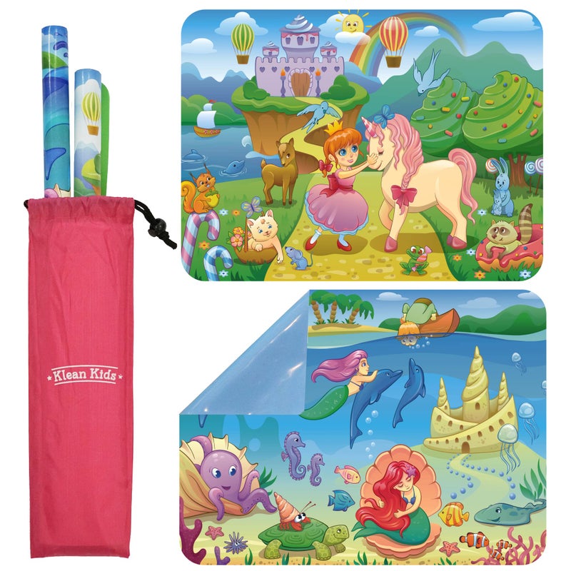 Klean Kids Klean Kids 2 Pack Silicone Placemats for Toddlers Mermaid and Princess  Non Slip 2Pack with Travel Bag  Princess  Mermaid  Baby Placemats That Stick to Table for Baby