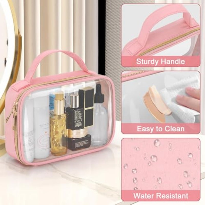 Clear Makeup Bags with Handles, 2 Pack PVC Toiletry Bag, Quart Size, Airline Compliant, for Women and Men, Pink - Image 5