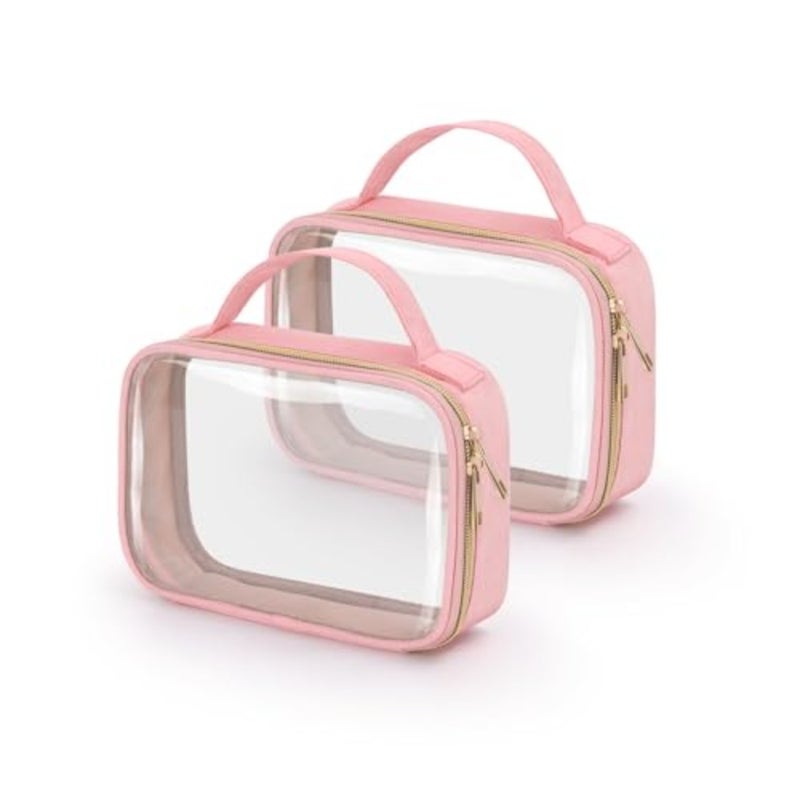 Clear Makeup Bags with Handles, 2 Pack PVC Toiletry Bag, Quart Size, Airline Compliant, for Women and Men, Pink - Image 1