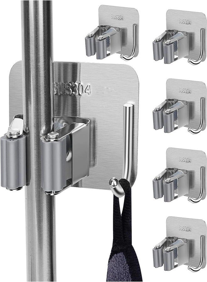 4-Pack Mop and Broom Holder Wall Mount - No Drilling Required Sturdy and Durable Stainless Steel Wall Mount, Tool Organizer with Hooks, Self-Adhesive Storage Rack - Image 1