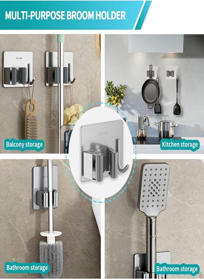 4-Pack Mop and Broom Holder Wall Mount - No Drilling Required Sturdy and Durable Stainless Steel Wall Mount, Tool Organizer with Hooks, Self-Adhesive Storage Rack - Image 2
