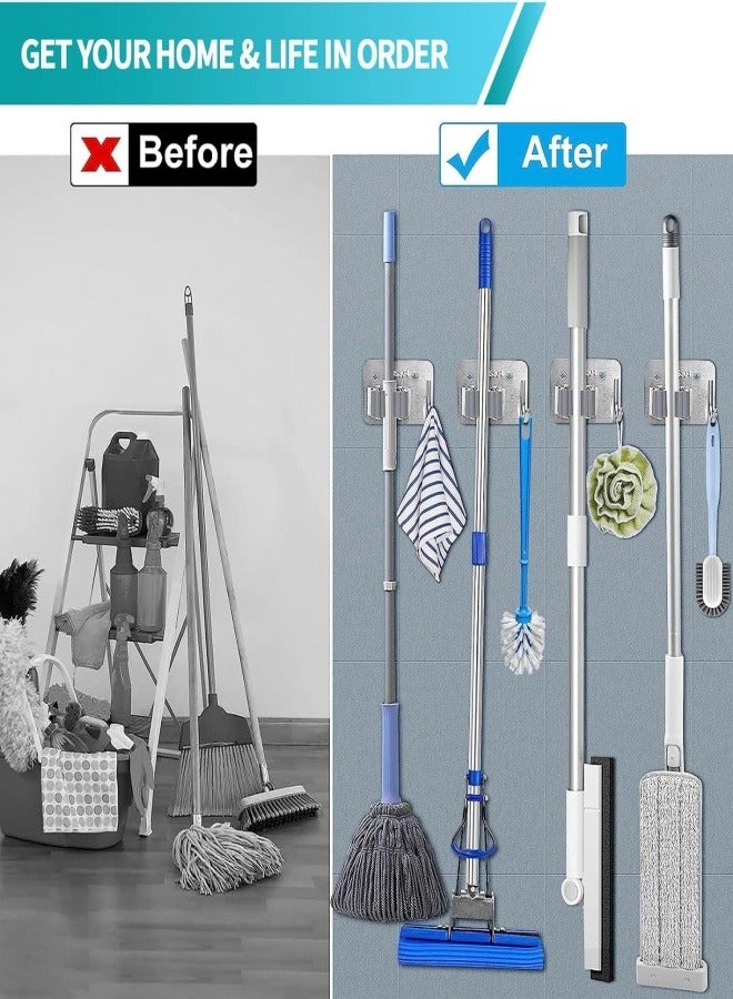 4-Pack Mop and Broom Holder Wall Mount - No Drilling Required Sturdy and Durable Stainless Steel Wall Mount, Tool Organizer with Hooks, Self-Adhesive Storage Rack - Image 3