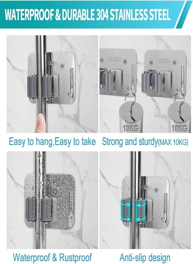 4-Pack Mop and Broom Holder Wall Mount - No Drilling Required Sturdy and Durable Stainless Steel Wall Mount, Tool Organizer with Hooks, Self-Adhesive Storage Rack - Image 4