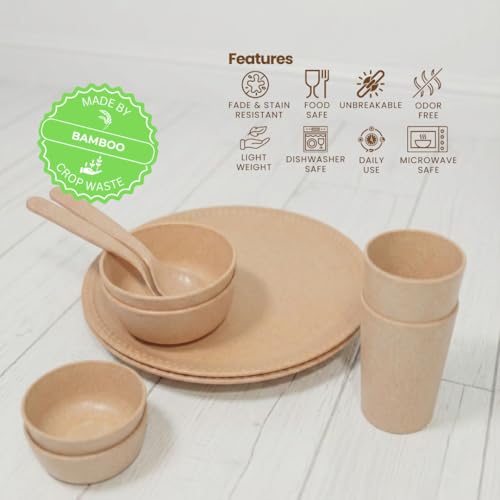 Pacing Grass Microwave Safe Dinner Set of 5 Pcs Bamboo Fiber 10.5 Inch Unbreakable Dinner Plate, Bowl (300ml), Bowl (200ml) Spoon & Water Glass (300ml) Unbreakable Dinner Sets for Gift - Image 4