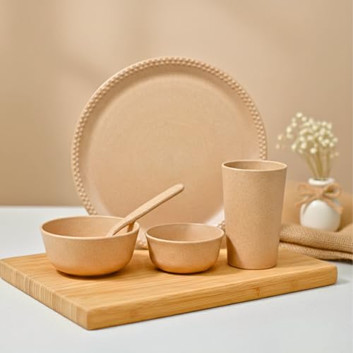 Pacing Grass Microwave Safe Dinner Set of 5 Pcs Bamboo Fiber 10.5 Inch Unbreakable Dinner Plate, Bowl (300ml), Bowl (200ml) Spoon & Water Glass (300ml) Unbreakable Dinner Sets for Gift - Image 1