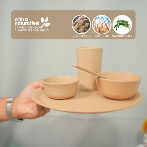 Pacing Grass Microwave Safe Dinner Set of 5 Pcs Bamboo Fiber 10.5 Inch Unbreakable Dinner Plate, Bowl (300ml), Bowl (200ml) Spoon & Water Glass (300ml) Unbreakable Dinner Sets for Gift - Image 3