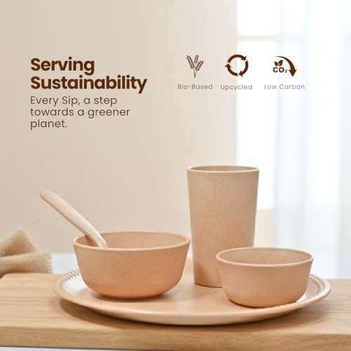 Pacing Grass Microwave Safe Dinner Set of 5 Pcs Bamboo Fiber 10.5 Inch Unbreakable Dinner Plate, Bowl (300ml), Bowl (200ml) Spoon & Water Glass (300ml) Unbreakable Dinner Sets for Gift - Image 2